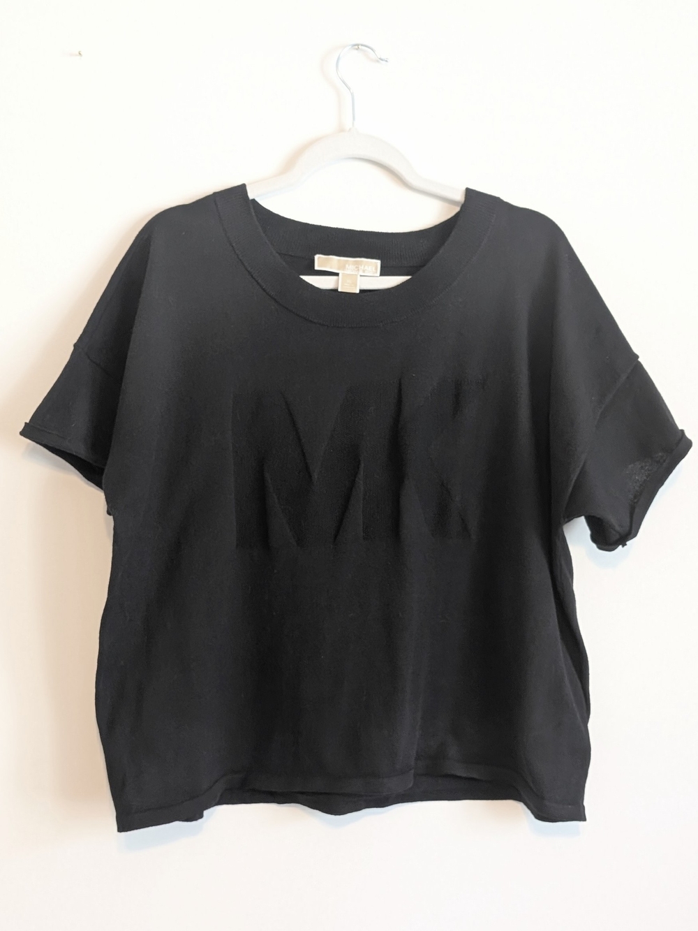 Michael Kors Black Cropped Knit Tee with Embossed Logo Size Large
